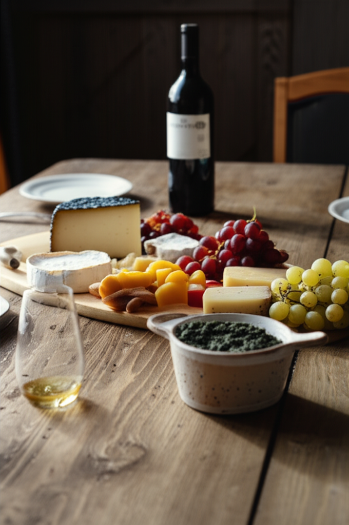 Cheese board with wine glasses